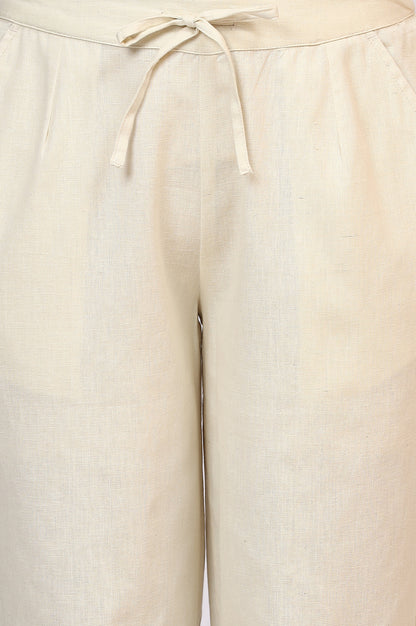 Off-White Solid Cotton Flax Straight Pants with Embroidered Hemline