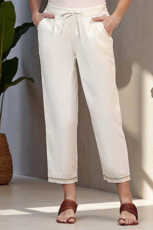 Off-White Solid Cotton Flax Straight Pants with Embroidered Hemline