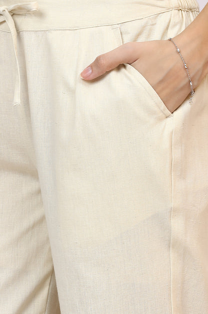 Off-White Solid Cotton Flax Straight Pants with Embroidered Hemline