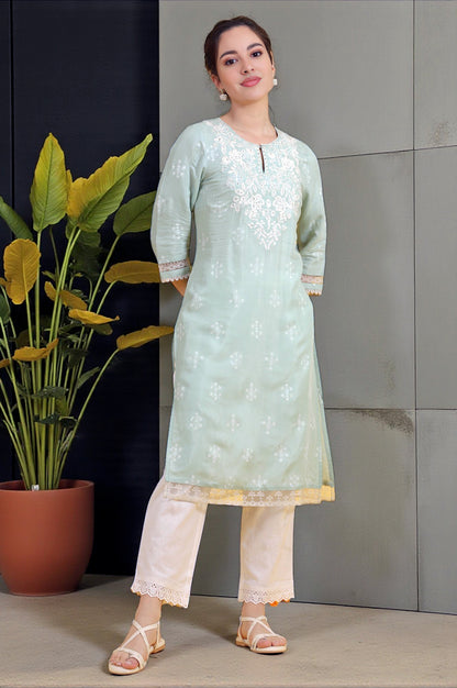 Beige Solid Lace Cotton Blend Straight Pants