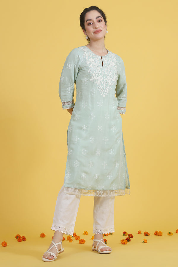 Beige Solid Lace Cotton Blend Straight Pants