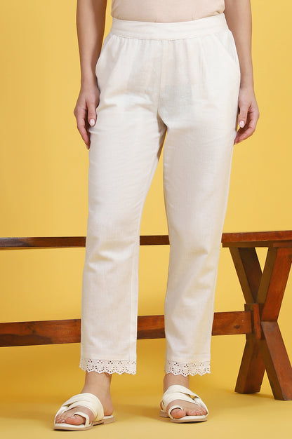 Beige Solid Lace Cotton Blend Straight Pants