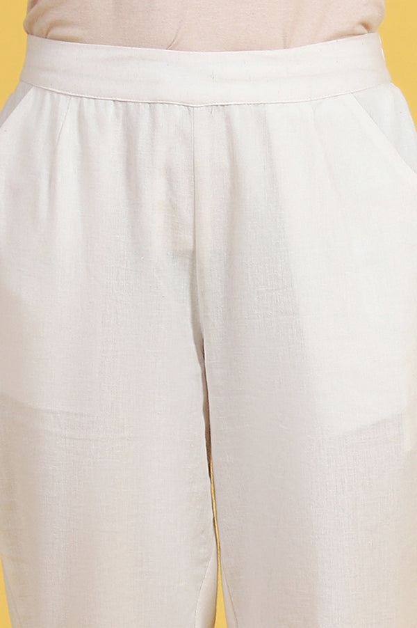 Beige Solid Lace Cotton Blend Straight Pants