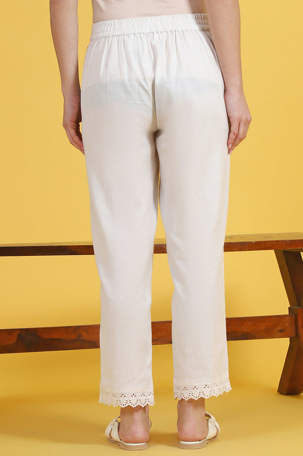 Beige Solid Lace Cotton Blend Straight Pants