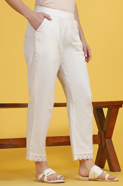 Beige Solid Lace Cotton Blend Straight Pants