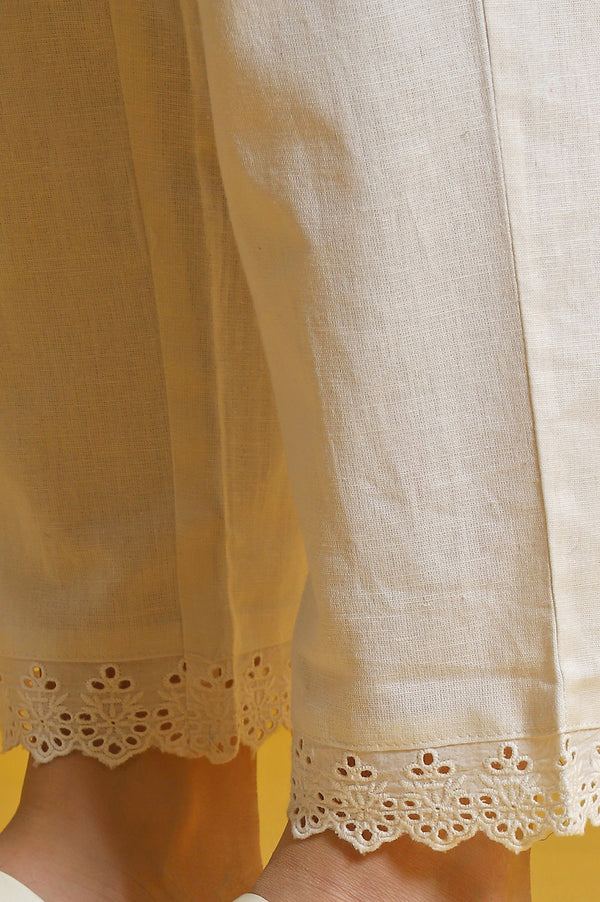 Beige Solid Lace Cotton Blend Straight Pants