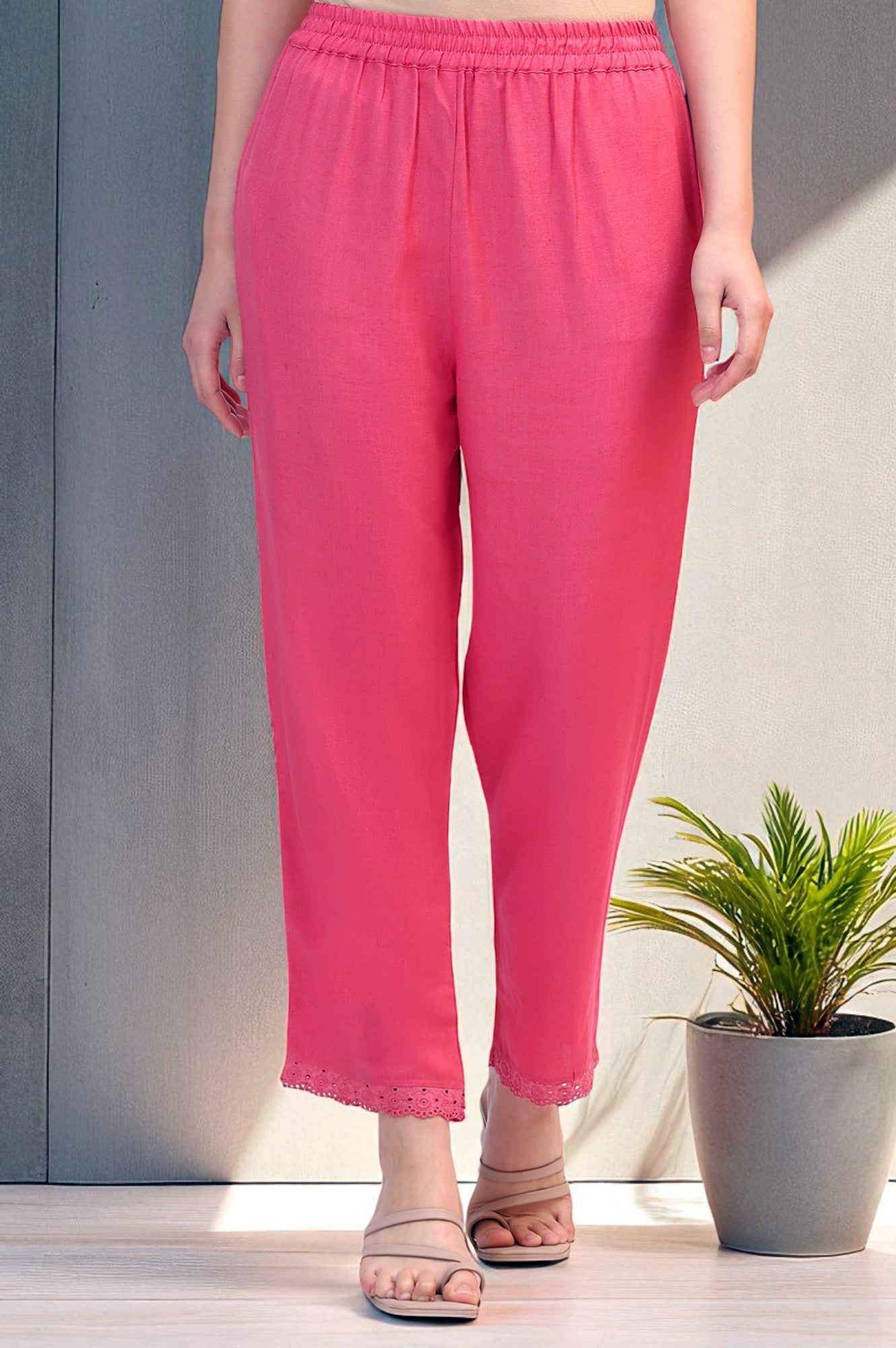 Pink Rayon Flax Staright Pants Schiffli Lace Detail