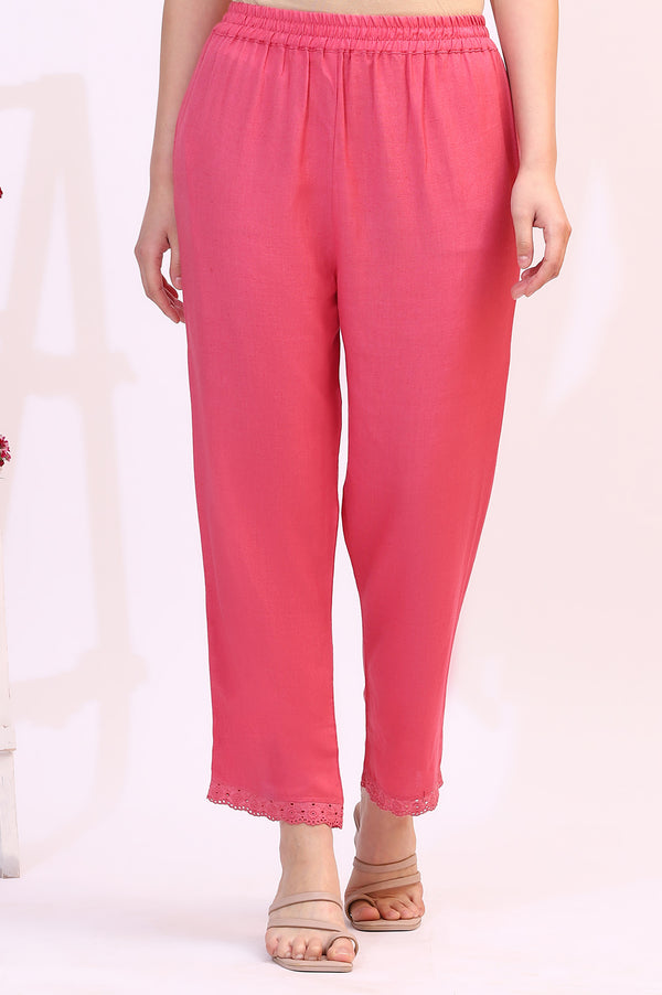 Pink Rayon Flax Staright Pants Schiffli Lace Detail