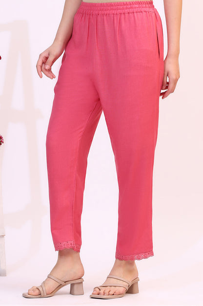 Pink Rayon Flax Staright Pants Schiffli Lace Detail