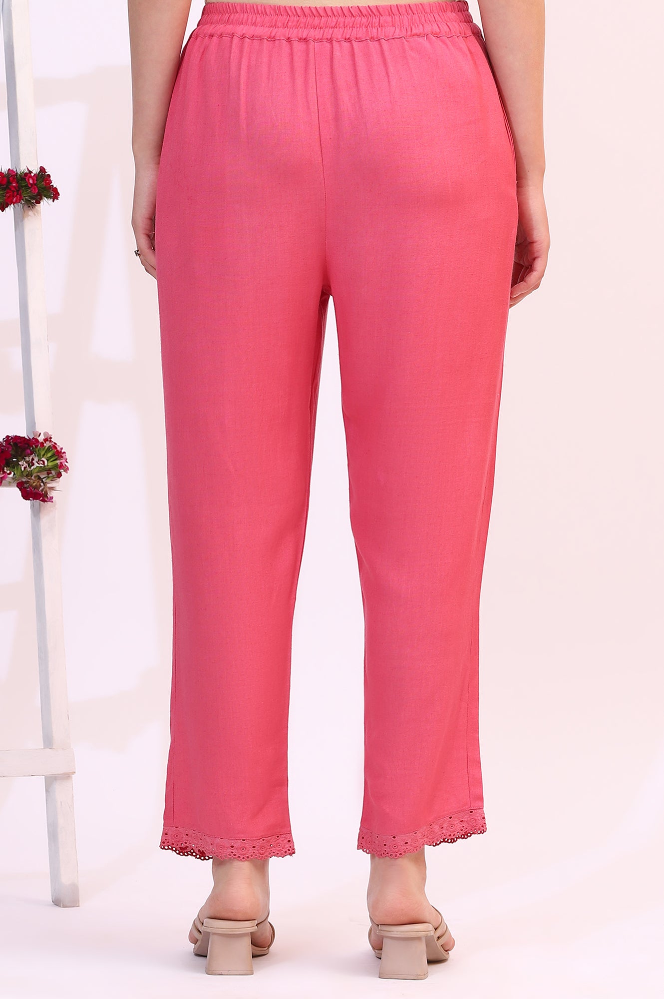 Pink Rayon Flax Staright Pants Schiffli Lace Detail