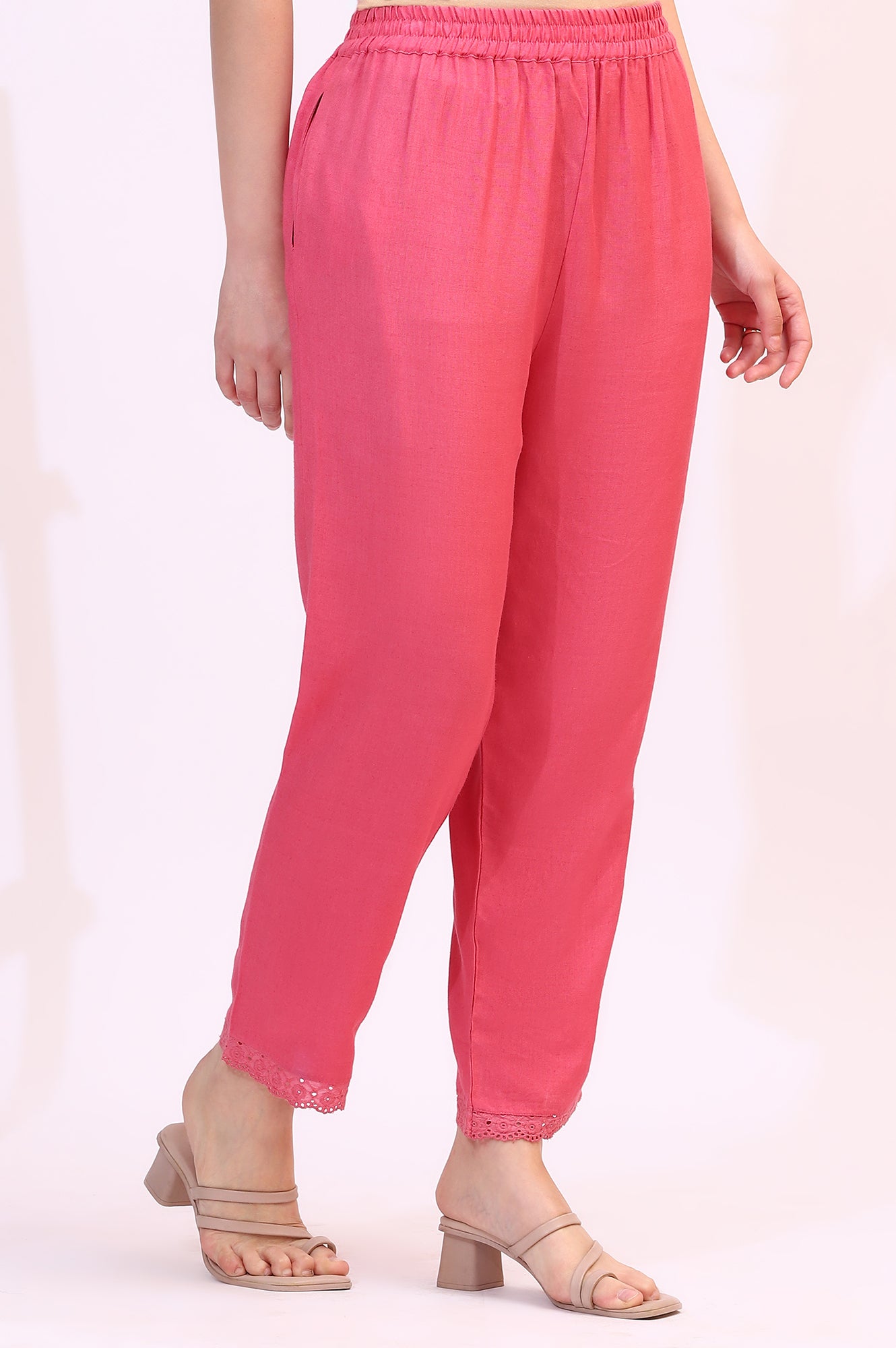 Pink Rayon Flax Staright Pants Schiffli Lace Detail