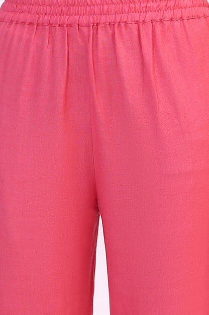 Pink Rayon Flax Staright Pants Schiffli Lace Detail