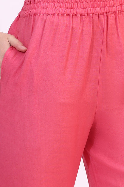 Pink Rayon Flax Staright Pants Schiffli Lace Detail