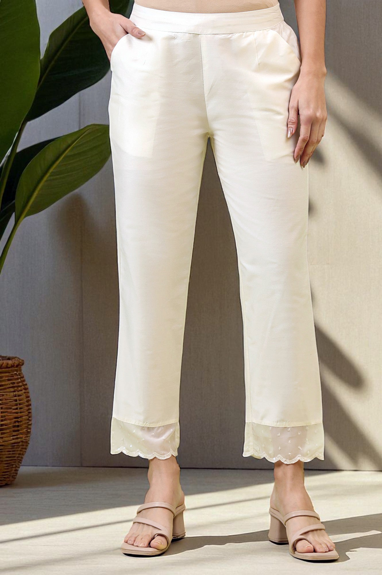 White Solid Mid-Rise Straight Pants with Embroidered Organza Scallop Hemline
