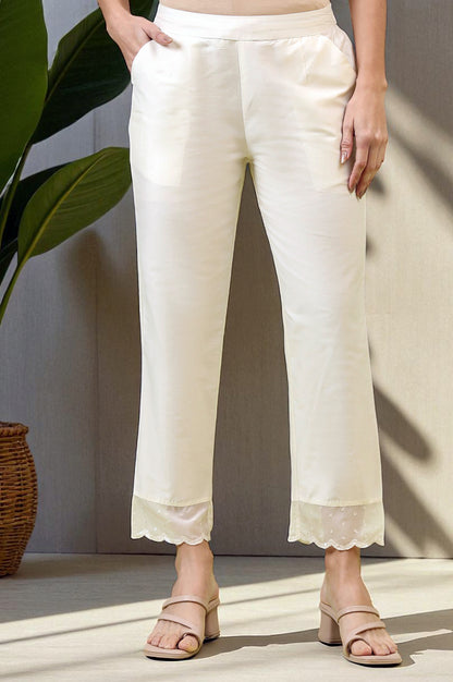 White Solid Mid-Rise Straight Pants with Embroidered Organza Scallop Hemline