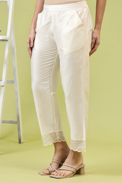 White Solid Mid-Rise Straight Pants with Embroidered Organza Scallop Hemline