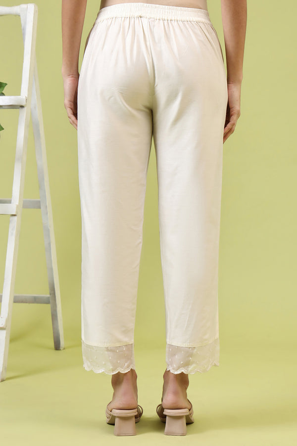 White Solid Mid-Rise Straight Pants with Embroidered Organza Scallop Hemline