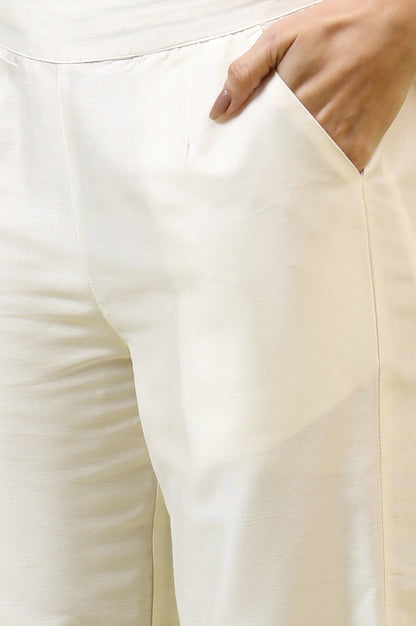 White Solid Mid-Rise Straight Pants with Embroidered Organza Scallop Hemline