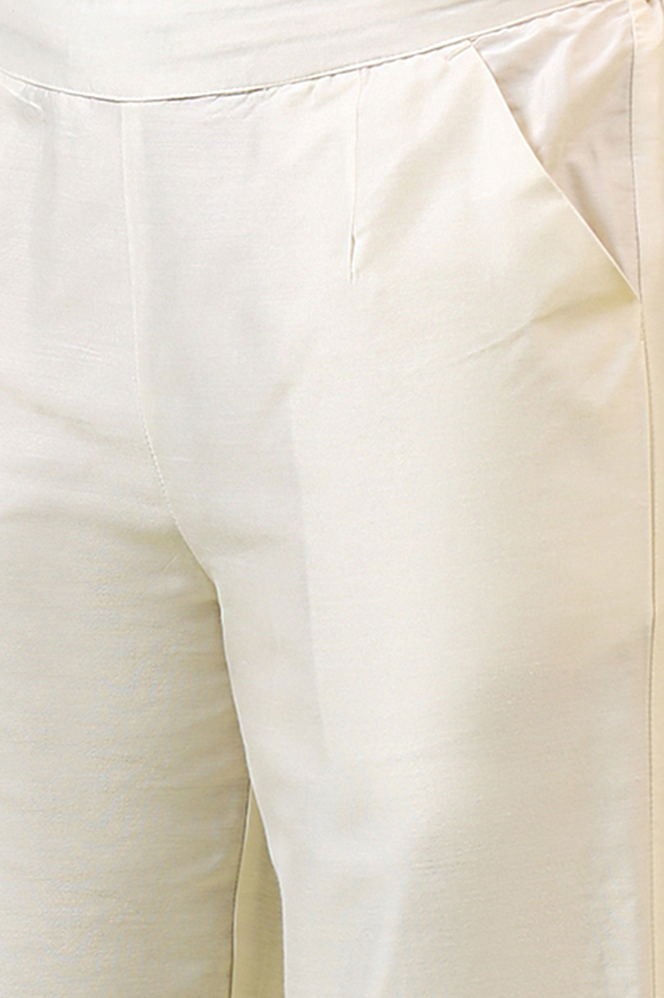 White Solid Mid-Rise Straight Pants with Embroidered Organza Scallop Hemline