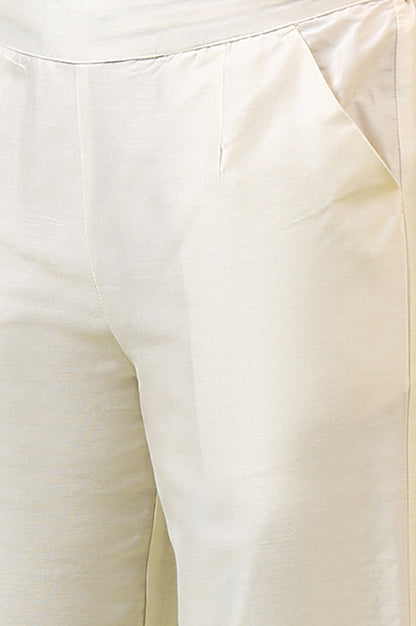 White Solid Mid-Rise Straight Pants with Embroidered Organza Scallop Hemline