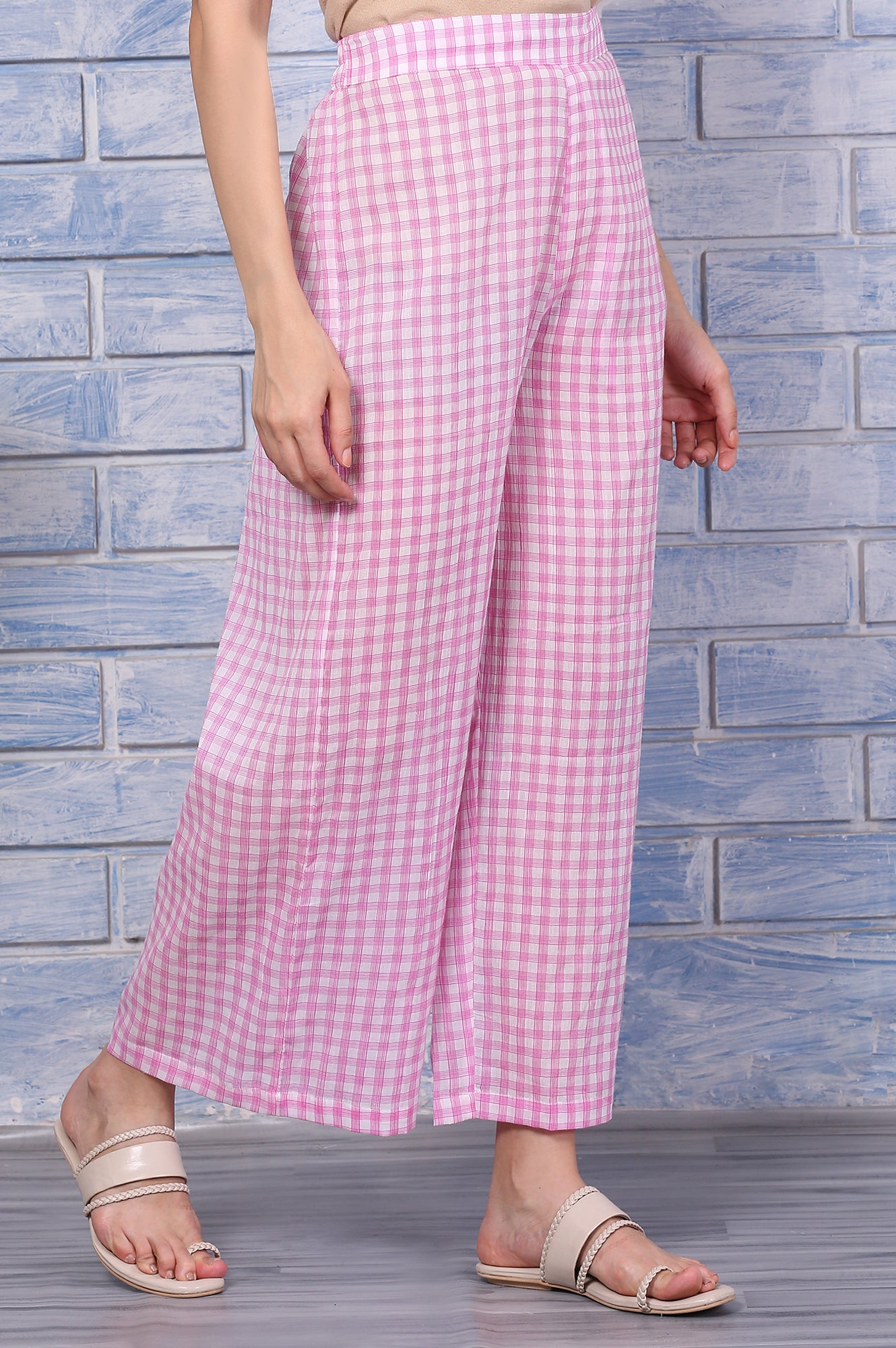 Pink Checkered Ankle Length Pure Cotton Pants