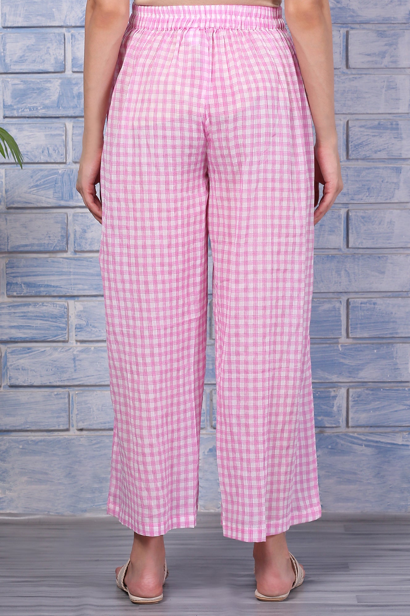 Pink Checkered Ankle Length Pure Cotton Pants