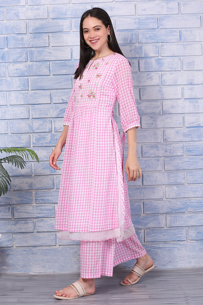 Pink Checkered Ankle Length Pure Cotton Pants