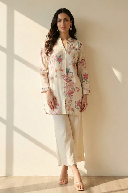 Off White Solid Cut Work Calf Length Flared Pants