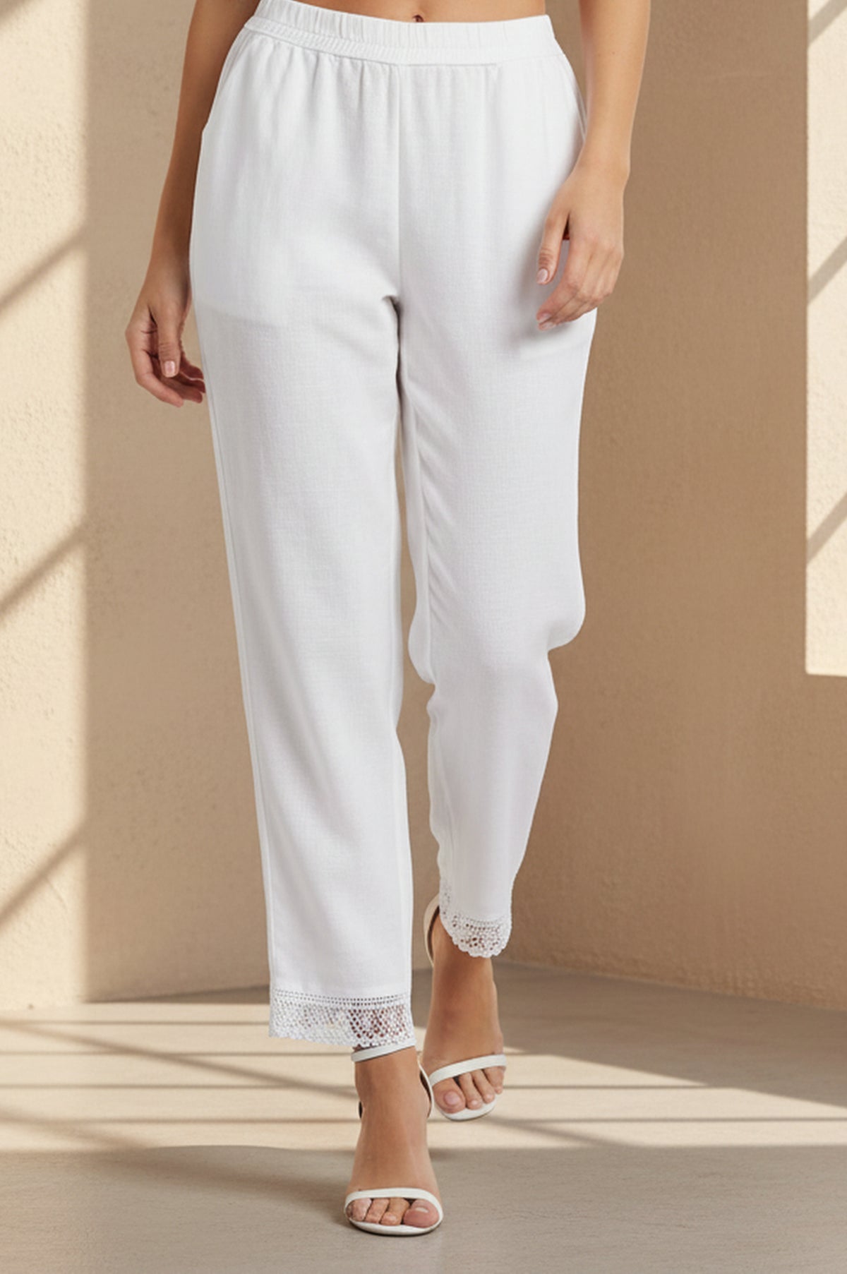 White Solid Lace Cotton Flax Straight Pant - S