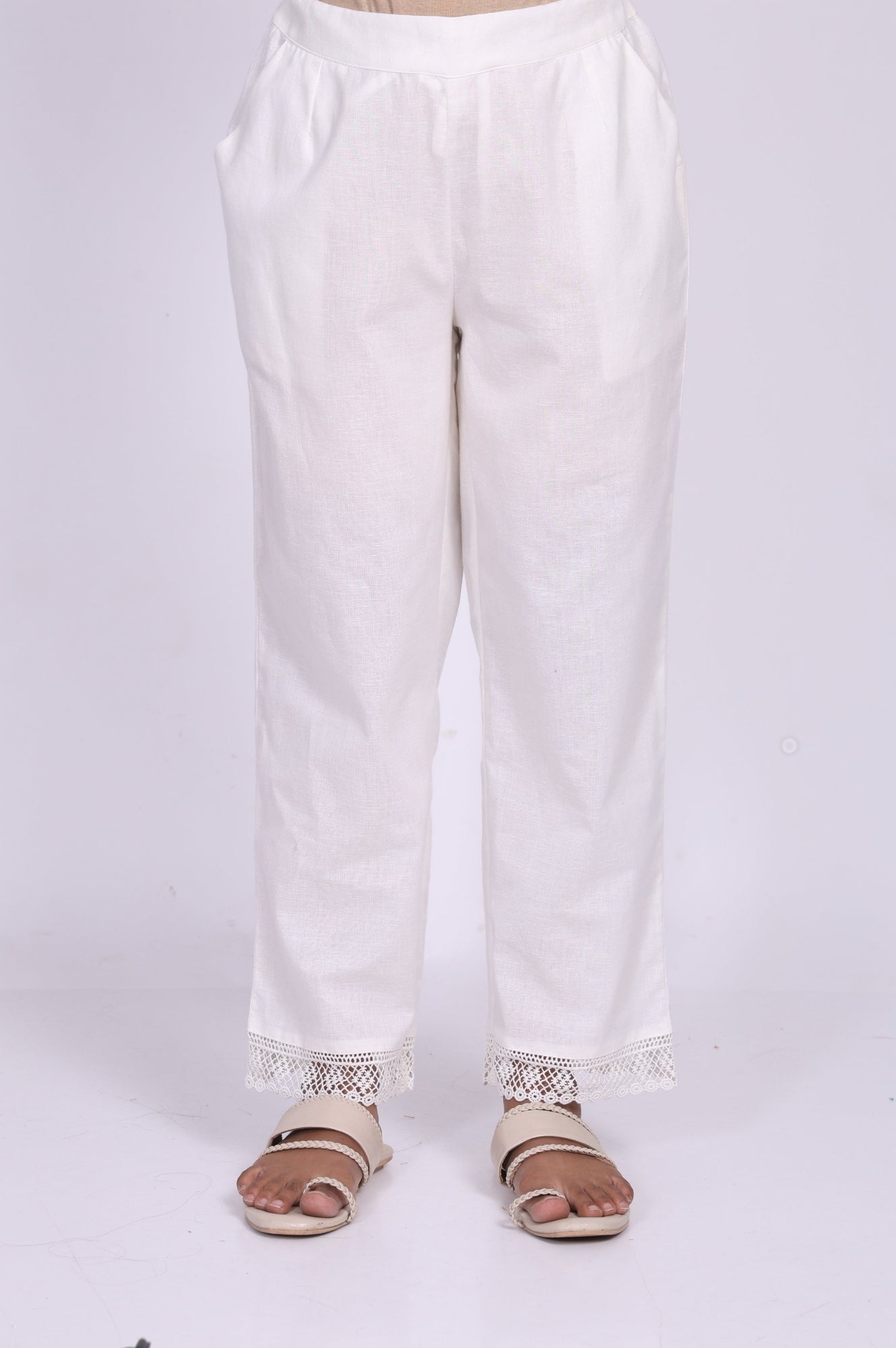 White Solid Lace Cotton Flax Straight Pant