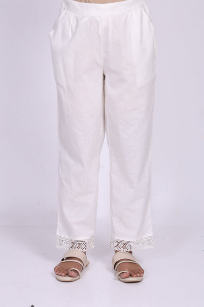 White Solid Lace Cotton Flax Straight Pant
