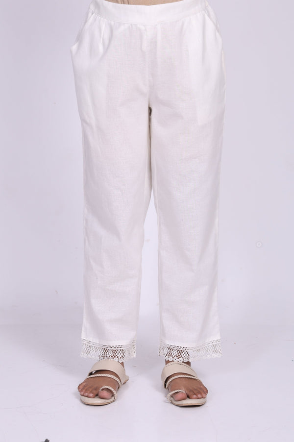 White Solid Lace Cotton Flax Straight Pant