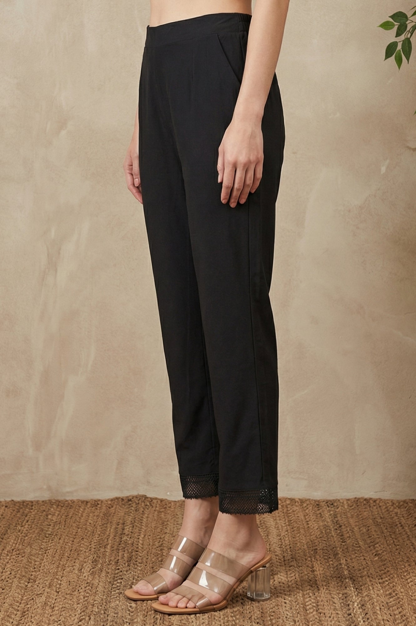 Black Solid Lace Cotton Flax Ankle Length Straight Pants