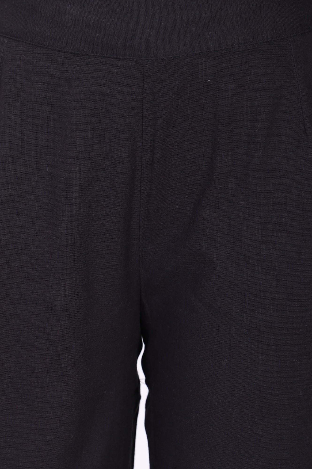 Black Solid Lace Cotton Flax Ankle Length Straight Pants