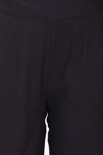 Black Solid Lace Cotton Flax Ankle Length Straight Pants