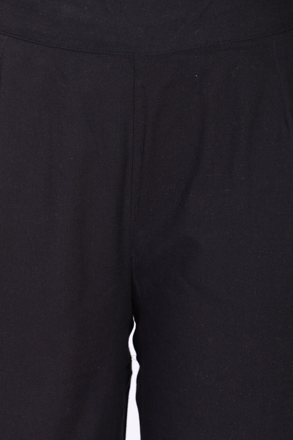 Black Solid Lace Cotton Flax Ankle Length Straight Pants