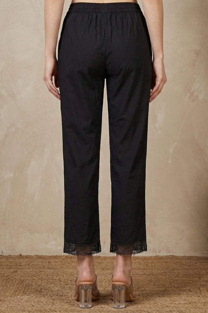 Black Solid Lace Cotton Flax Ankle Length Straight Pants