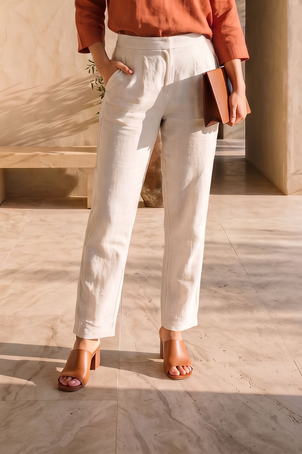 Off White Thread Embroidered Rayon Flax Straight Fit Pants Ankle Length Mid Rise