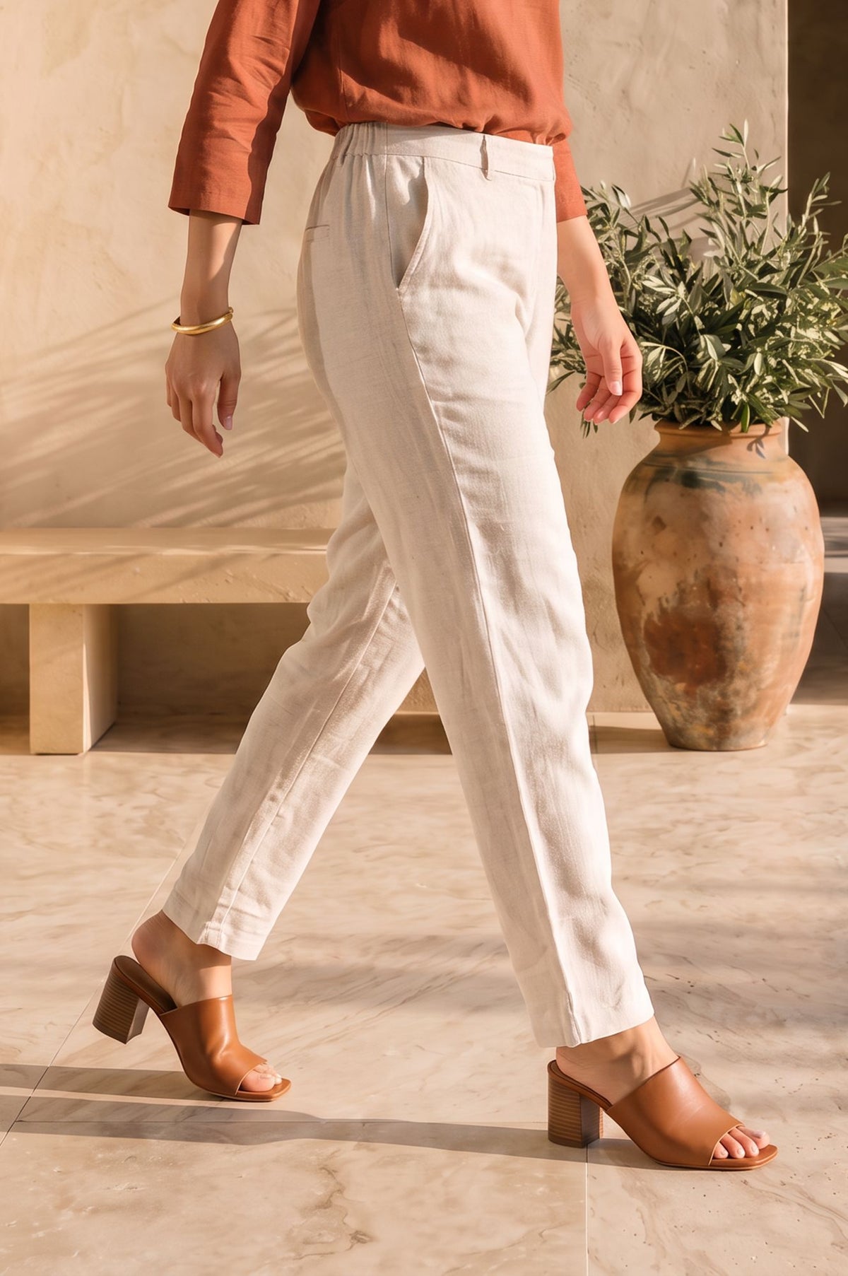 Off White Thread Embroidered Rayon Flax Straight Fit Pants Ankle Length Mid Rise
