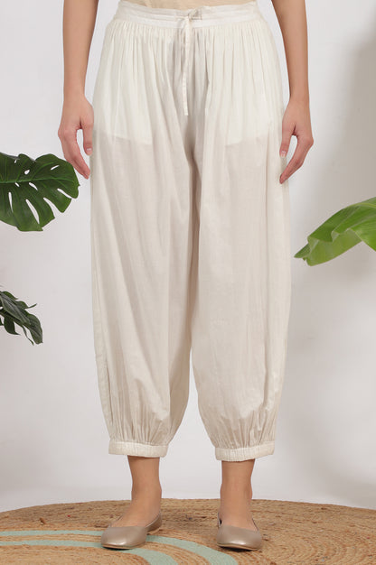White Ankle Length Pure Cotton Gathered Pants