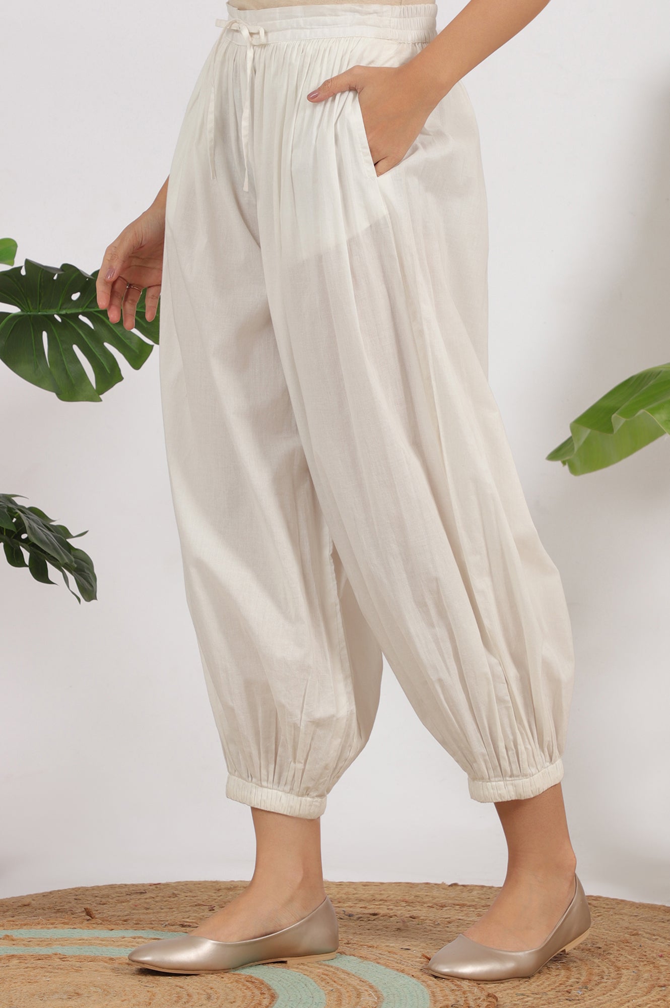 White Ankle Length Pure Cotton Gathered Pants