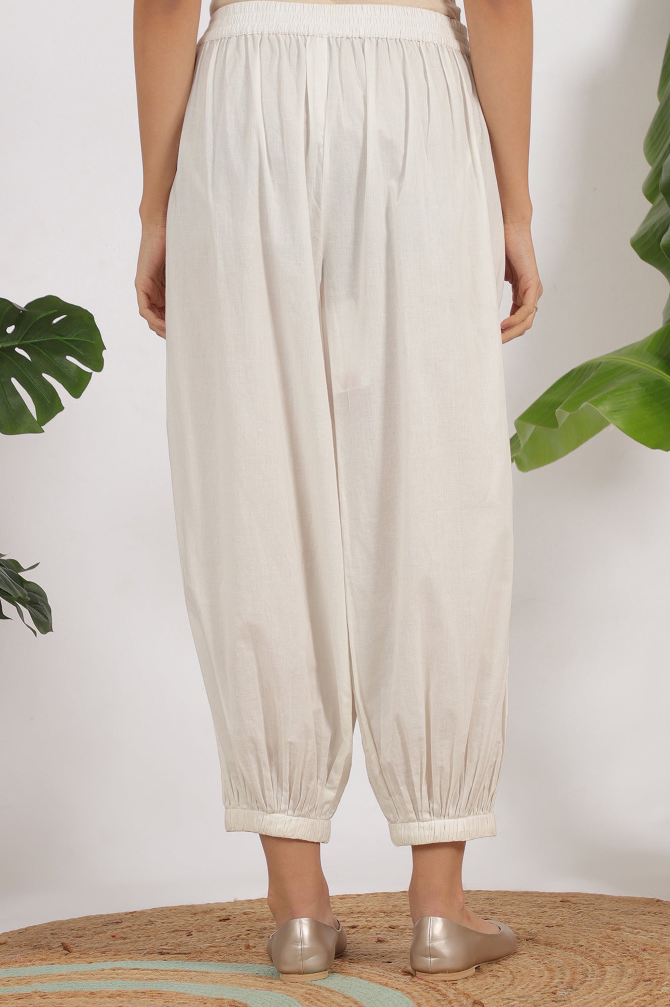 White Ankle Length Pure Cotton Gathered Pants