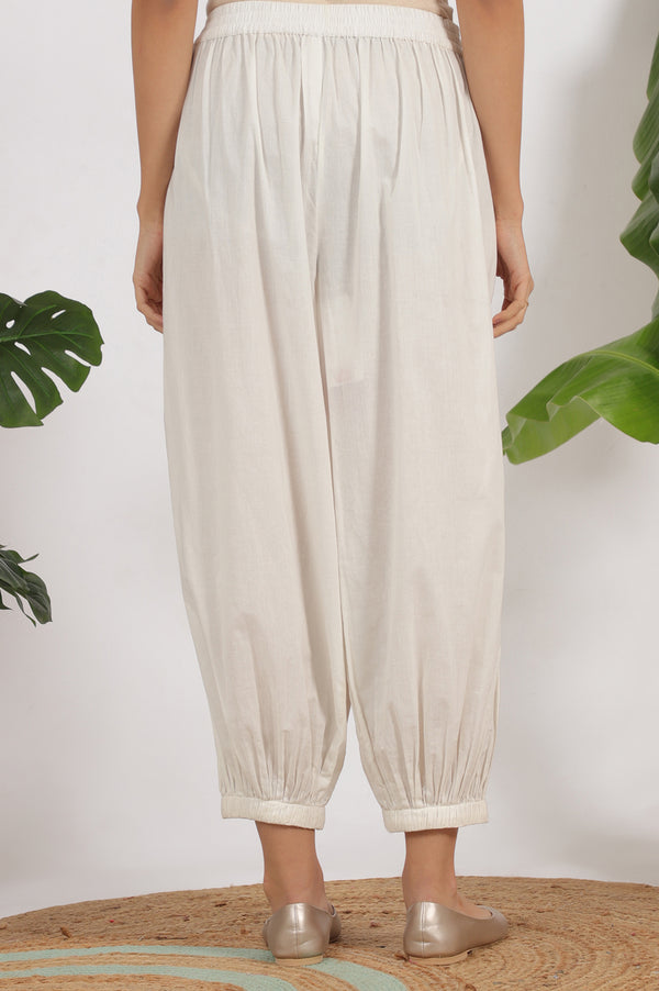 White Ankle Length Pure Cotton Gathered Pants