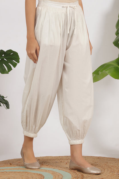 White Ankle Length Pure Cotton Gathered Pants