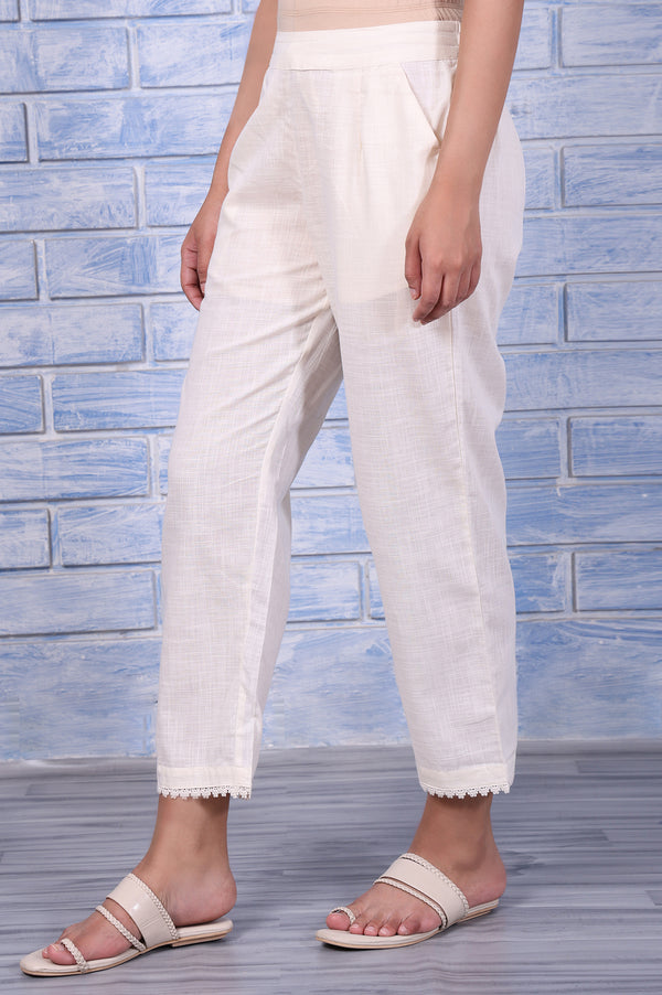 Off White Lace Pure Cotton Mid Rise Ankle Length Straight Pant