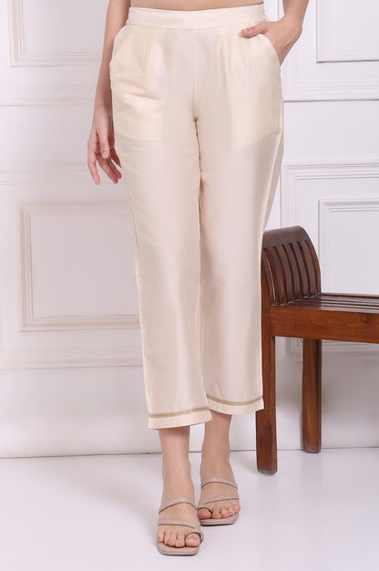Ecru Solid Embroidered Hem Straight Pants
