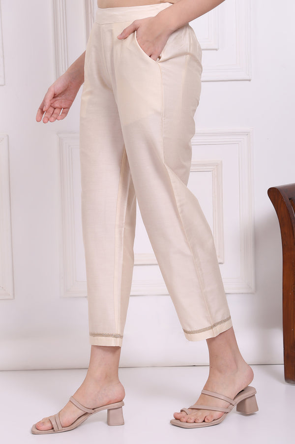 Ecru Solid Embroidered Hem Straight Pants