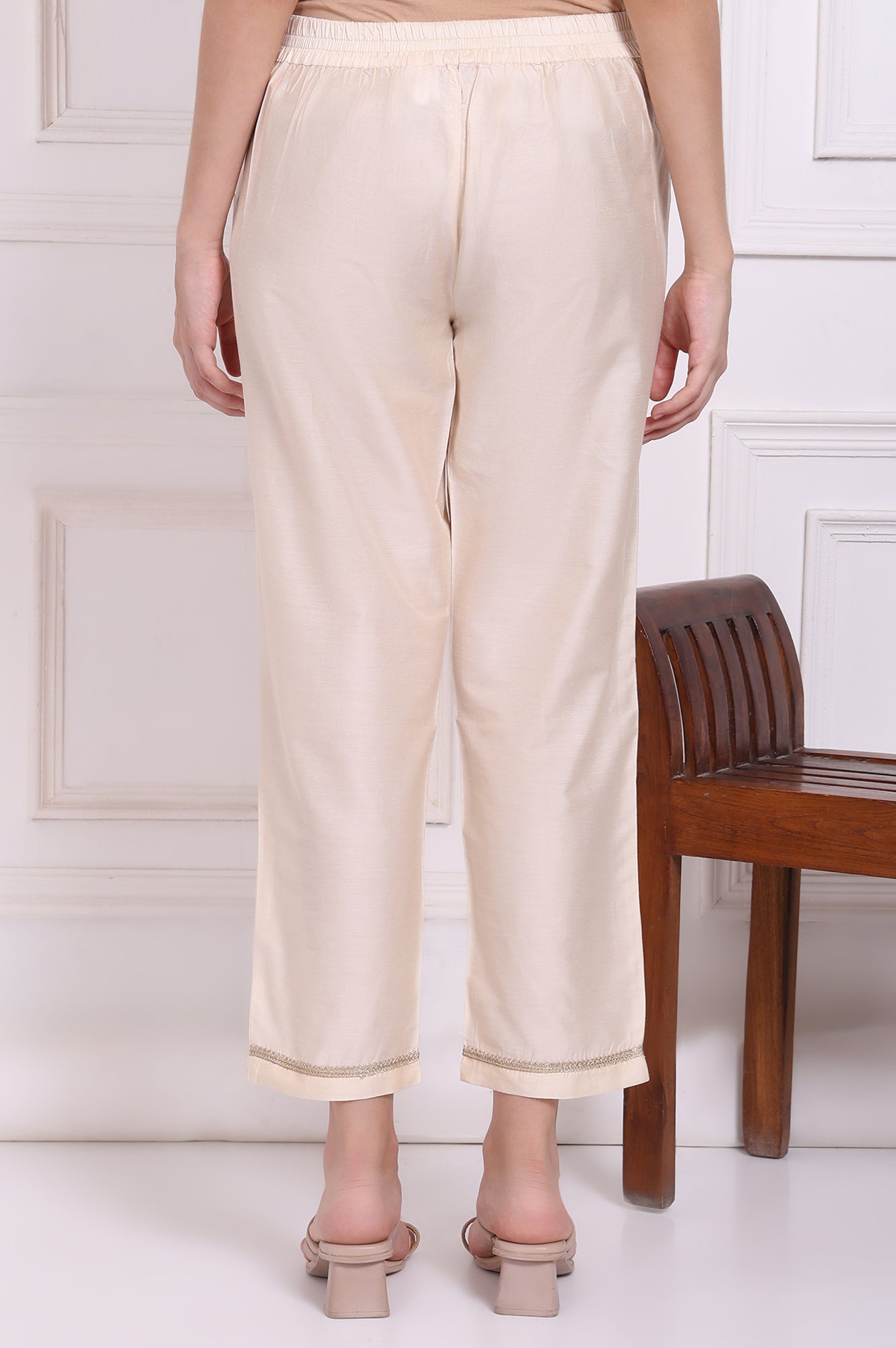 Ecru Solid Embroidered Hem Straight Pants