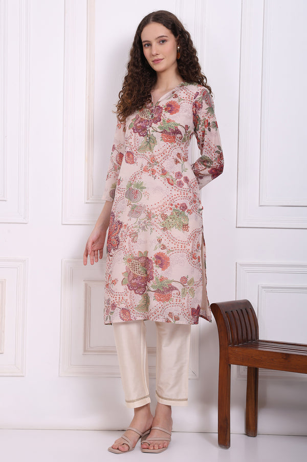 Ecru Solid Embroidered Hem Straight Pants