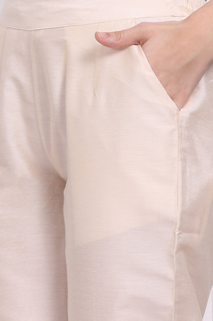 Ecru Solid Embroidered Hem Straight Pants